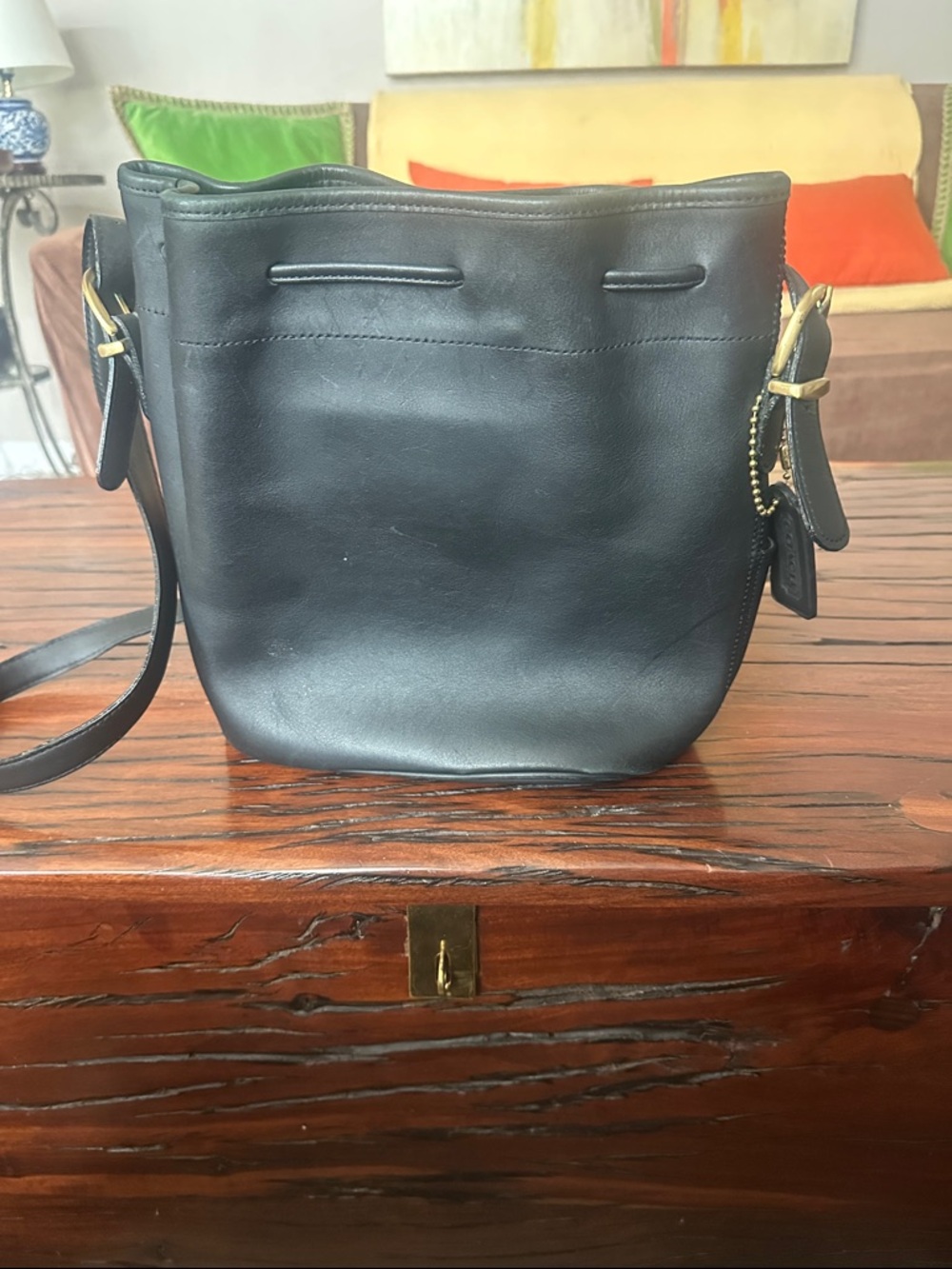 Classic Black Leather Drawstring Bucket Bag - Picture 2 of 3
